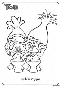 Trolls Suki and Poppy drumming coloring page