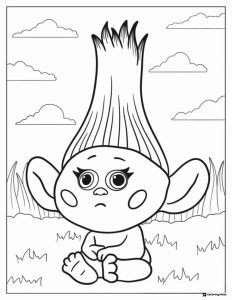 Trolls baby sitting in grass looking sad coloring