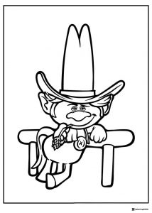 Trolls character in a cowboy hat leaning coloring
