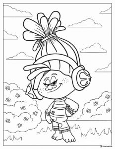 Trolls character with headphones in a field coloring