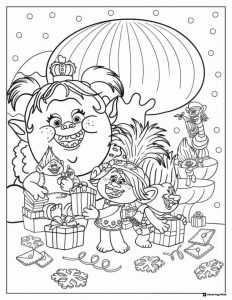 Trolls exchanging Christmas presents coloring page
