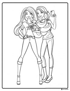 Two Barbies Coloring Page with a Puppy and Phone