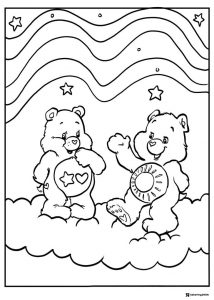 Two Care Bears Coloring Page on Clouds with Rainbow