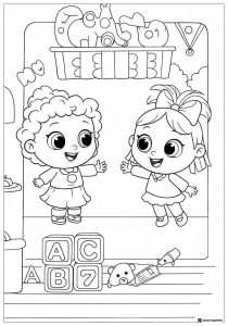 Two Cocomelon girls playing with ABC blocks coloring sheet