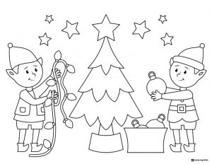Two Elves Decorating a Christmas Tree Coloring Page