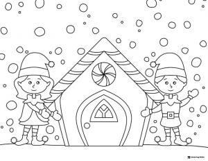 Two Elves Outside a Gingerbread House Coloring Page
