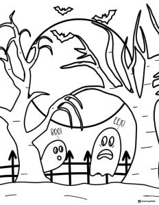 Two Ghosts Coloring Page with Boo and Bare Trees