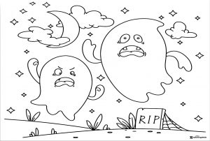 Two Scared Ghosts Coloring Page with Moon and Tombstone