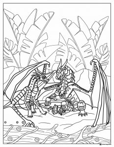 Two dragons facing each other in jungle coloring sheet