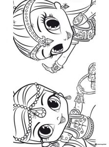 Two genies floating upside down coloring page