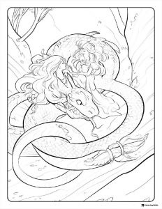 Two women with long hair on a large coiled dragon coloring page