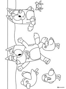 Upside Down Bluey Beach Coloring Page with Flying Birds