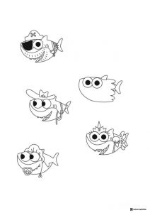 Various Baby Sharks coloring sheet with costumes