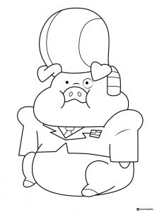 Waddles the pig in a suit and top hat coloring page