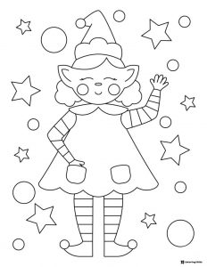 Waving Elf Coloring Page with Stars and Circles