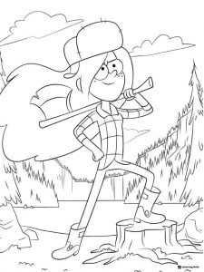 Wendy Corduroy with an axe in a forest coloring sheet