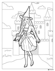 Witch Barbie Coloring Page in Front of a Castle