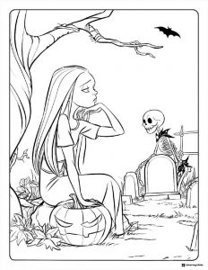 Woman on pumpkin skeleton in graveyard coloring page