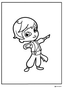 Young boy in genie style outfit pointing coloring page