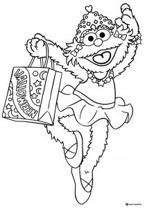 Zoe Coloring Page in princess costume with a Halloween bag