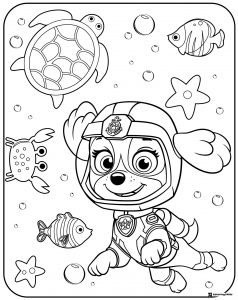 Zuma Coloring Page in Diving Gear with Sea Animals